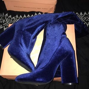 Velvet blue knee high chunky heel boot